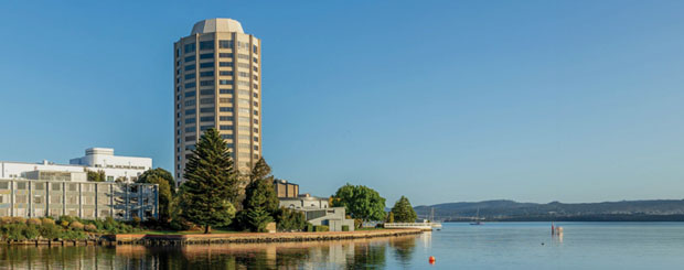 View of the Wrest Point Hotel by the Hobart waterfront on a sunny day.