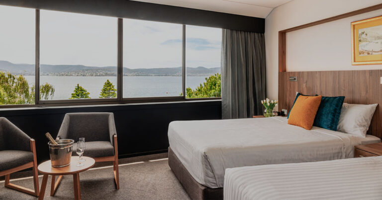 Harbour View Deluxe Twin room at Wrest Point with two beds and wide harbour outlook